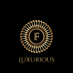 Circle luxury logo with letter F and symmetric swirl shape vector design logo
