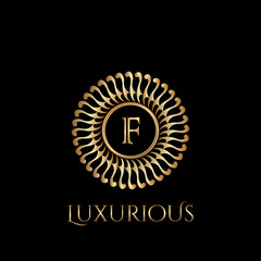 Circle luxury logo with letter F and symmetric swirl shape vector design logo