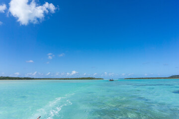 Fototapeta na wymiar Beautiful seascape of Upi Bay, Pines Island, new caledonia: turquoise lagoon, lush vegetation, blue sky. 