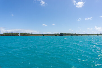 Boat trip on a traditional caledonian sailing boat in Upi bay,  New Caledonia. typical rock in the turquoise sea
