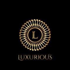 Circle luxury logo with letter L and symmetric swirl shape vector design logo