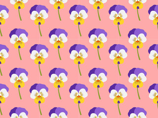 Pansy flower seamless pattern. Pastel floral background. Flat design botanical illustration. Pink, Purple, Yellow and White.