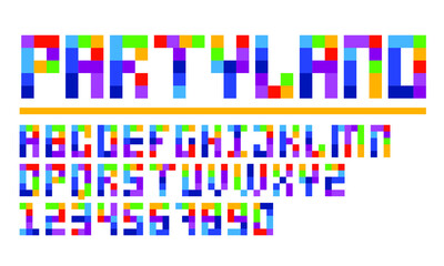 Flat square rectangle multi-colored rainbow typography ABC font family in round pill optic and transparency for fun headlines and display lettering designs. 