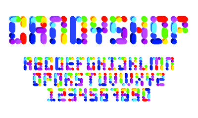 3D dimensional multi-colored rainbow candy shop typography ABC font family in round pill optic and transparency for fun headlines and display lettering designs. 