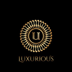 Circle luxury logo with letter U and symmetric swirl shape vector design logo