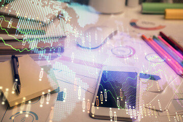 Double exposure of forex chart drawing and cell phone background. Concept of financial data analysis