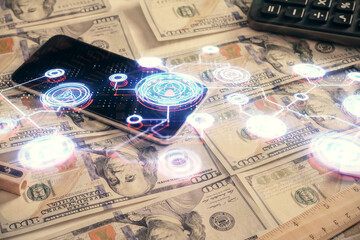 Multi exposure of social network drawing over us dollars bill background. Concept of people connection.