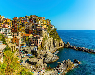 Fototapeta na wymiar A close-up view of the picturesque village of Manarola, Cinque Terre, Italy in the summertime