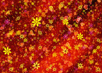 abstract summer background with many painted flowers and hearts