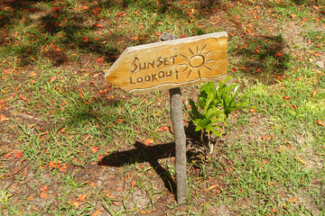 Sunset lookout sign wooden stick in Fiji island