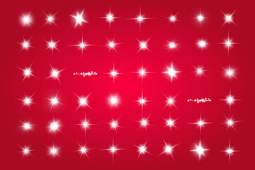 Lights sparkles isolated. Vector illustration of white glowing lens flares and sparks, red background.