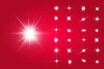 Lights sparkles isolated. Vector illustration of white glowing lens flares and sparks, red background.