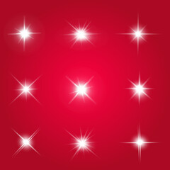 Lights sparkles isolated. Vector illustration of white glowing lens flares and sparks, red background.