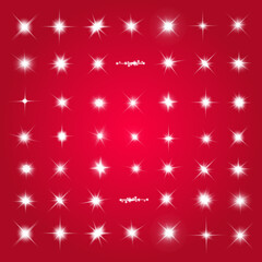 Lights sparkles isolated. Vector illustration of white glowing lens flares and sparks, red background.