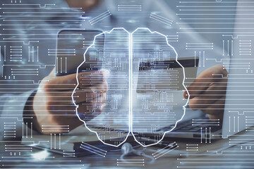 Double exposure of man hands typing on computer with credit card and brain theme drawing. E-commerce and AI concept.