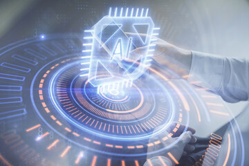 Double exposure of man's hand holding and using a digital device and data theme drawing. Technology concept.