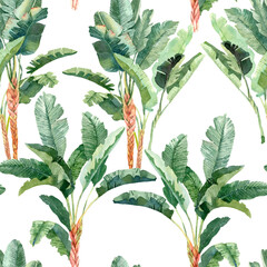Seamless pattern with hand drawn watercolor green tropical banana tree for fabric, wrapping paper, wallpaper and any design. Isolated on white. Nature background