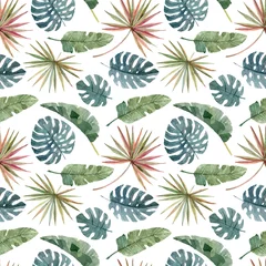 Fotobehang Tropische planten Naadloze patroon met hand getrokken aquarel groene tropische bananenboom voor stof, inpakpapier, behang en elk ontwerp. Geïsoleerd op wit. Natuur achtergrond