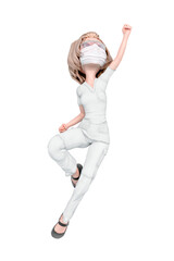 blond wearing a scrubs is flying up