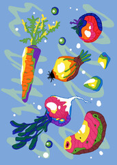A set of fresh vegetables for cooking hot and cold dishes.Drawn products on an abstract background