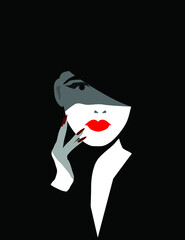An attractive woman touches her face with her hand in a minimalist fashion and beauty illustration.