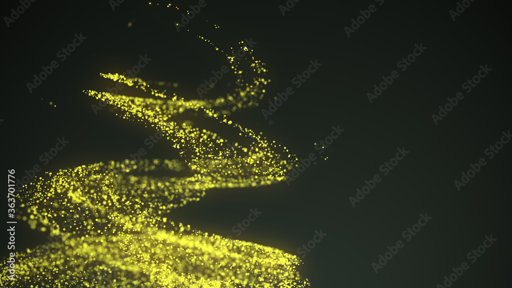 Poster A vortex of lighting particles. A tornado of twisted glowing yellow dots. Abstract digital background with beautiful swirls. 3D tunnel or wormhole. 3D rendering.