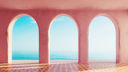 Fototapeta na wymiar ocean view through the pastel pink arches with columns, surreal architecture concept, 3D Illustration