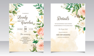 Fototapeta na wymiar Beautiful floral wedding invitation card template set with golden leaves decoration