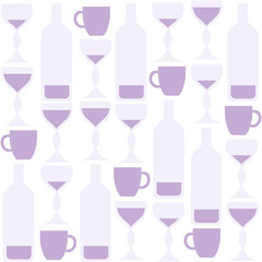 Seamless pattern with wine bottles, wine glasses and coffee cups. Repetitive vector pattern.