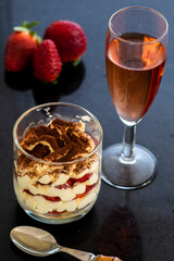 Dessert with fresh strawberry, cream cheese with wine