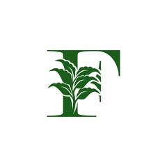 Green Letter F logo with leaf element, vector design ecology concept