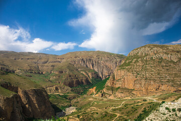 Beautiful landscape in the mountains at summer in daytime. Mountains at the sunset time. Azerbaijan, Caucasus. Khinalig