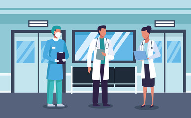 group of doctors staff wearing medical mask in the hospital corridor