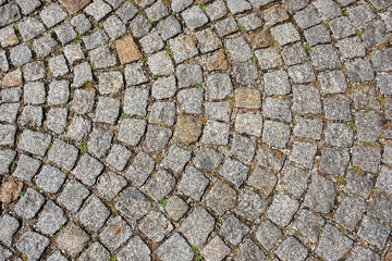 Texture of cobblestone pavement. View from above.