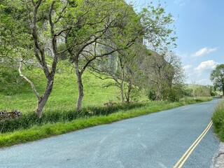 Fototapeta na wymiar Trees by the roadside, with Kilnsey Crag in the background near, Kettlewell, Skipton, UK