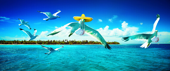 Fototapeta na wymiar Seagulls with corona virus mask flying over the beach