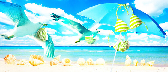Fototapeta na wymiar Seagulls with corona virus mask flying over the beach