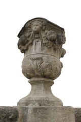 Fototapeta na wymiar Big city stone sculpture of a vase with decorative relief. Isolated stone vase on white background