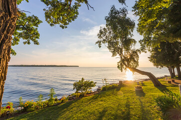Sunset Over Lake Michigan and a Garden Landscape