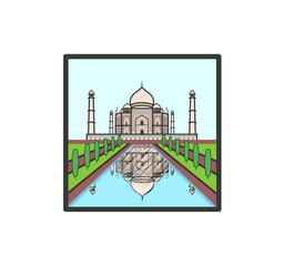 A framed vector illustration of a face-on view of the
Taj Mahal in Agra, India.