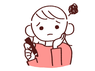 ペンを持ち頬杖しながら困る若い女性