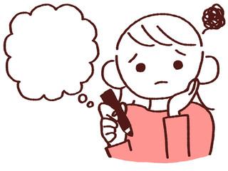 ペンを持ち頬杖しながら困る若い女性 吹き出し付き