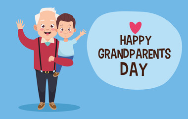 happy old grandfather with little grandson and lettering