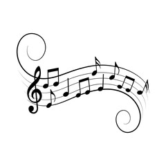 Music notes with swirl on white background, vector illustration.