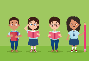 little students group with uniforms characters