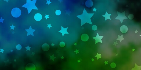 Light Blue, Green vector pattern with circles, stars. Colorful disks, stars on simple gradient background. Texture for window blinds, curtains.