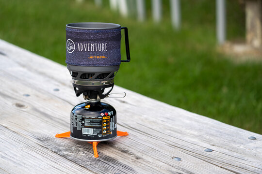 Rapid City, South Dakota - June 23, 2020: A JetBoil Propane Backpacking Camping Stove Sitting On A Picnic Table