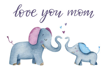 Watercolor mom and baby elephants with hearts and handwritten lettering 