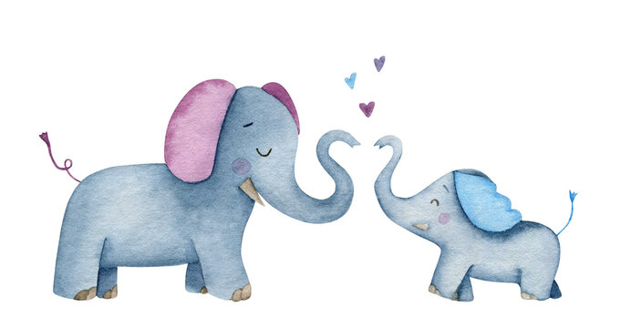 Watercolor big and small elephant with hearts