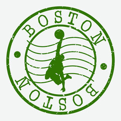 Boston Stamp. Basketball Player Silhouette Seal. Round Design. Vector Icon. Design Retro Insignia.